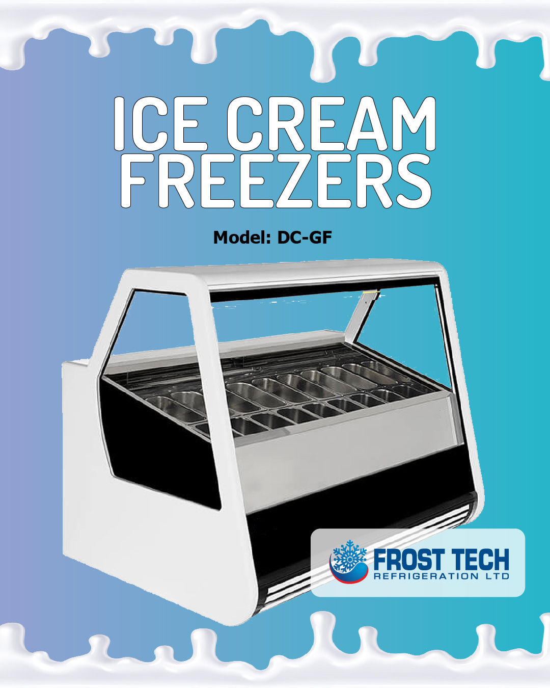 You are currently viewing Frost Tech Refrigeration Ice Cream Display Freezer DC-GF Angled Glass Display Case!