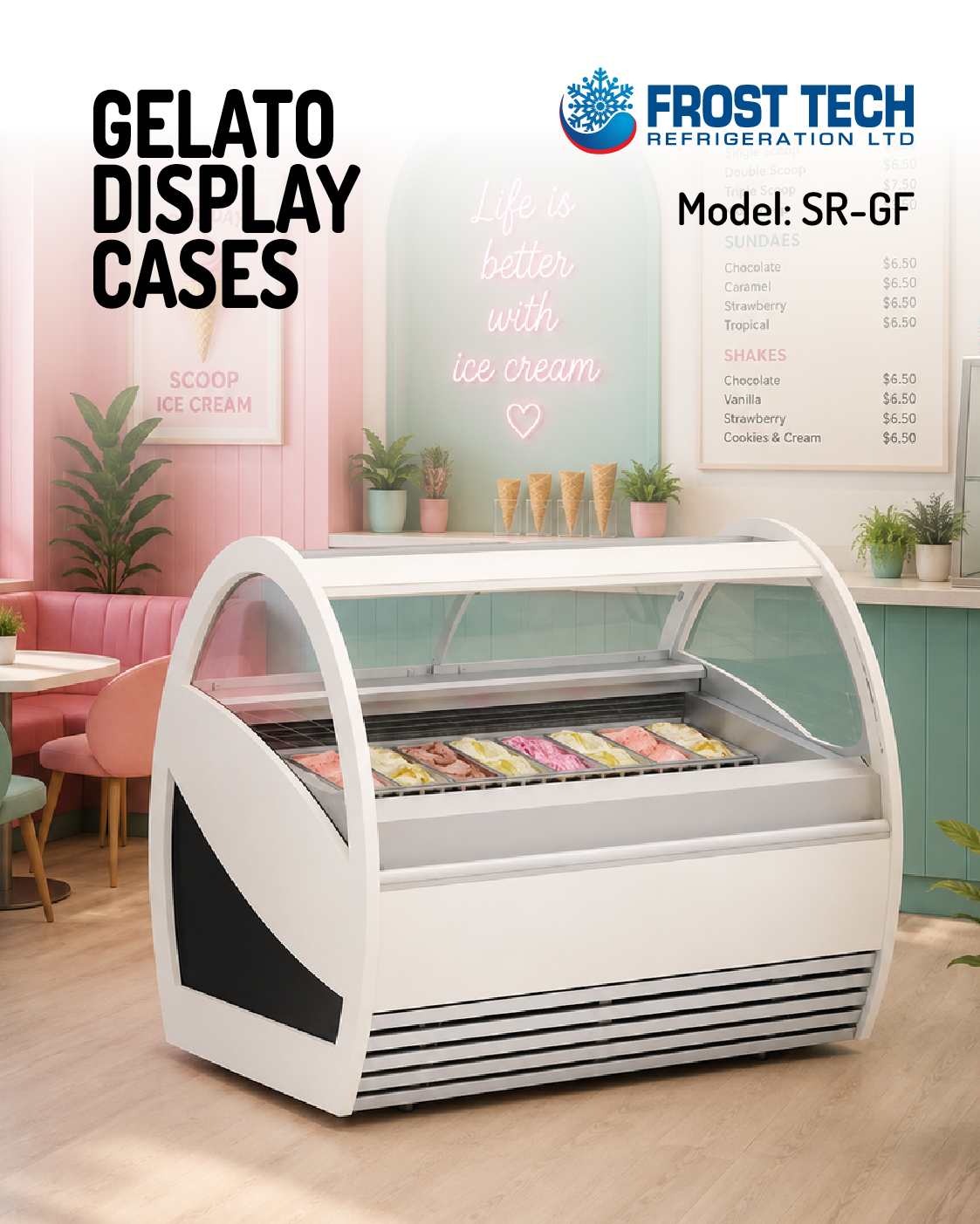 You are currently viewing Gelato Display Cases SR-GF | Curved Glass Gelato Display | Frost Tech Refrigeration